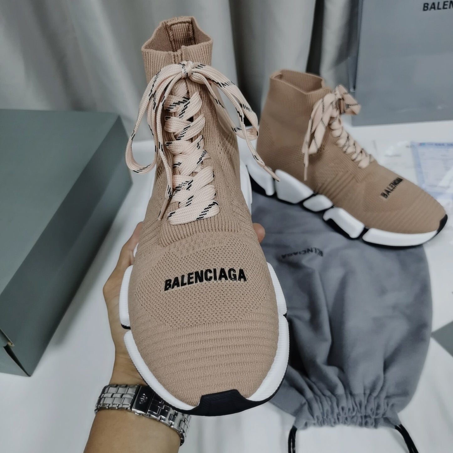 Balenciaga Unisex Beige Lace-up Sock Sneakers Fashionable Footwear for Men and Women with Unique Design