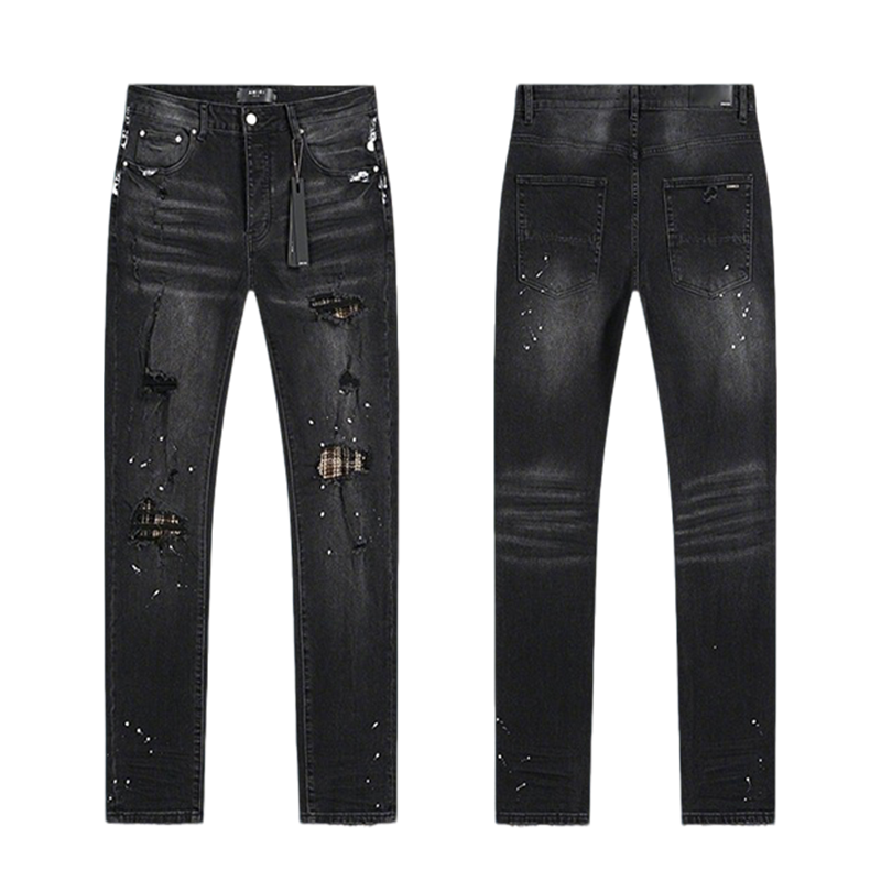 Amiri Black Distressed Jeans With Plaid Patches And Paint Splatters