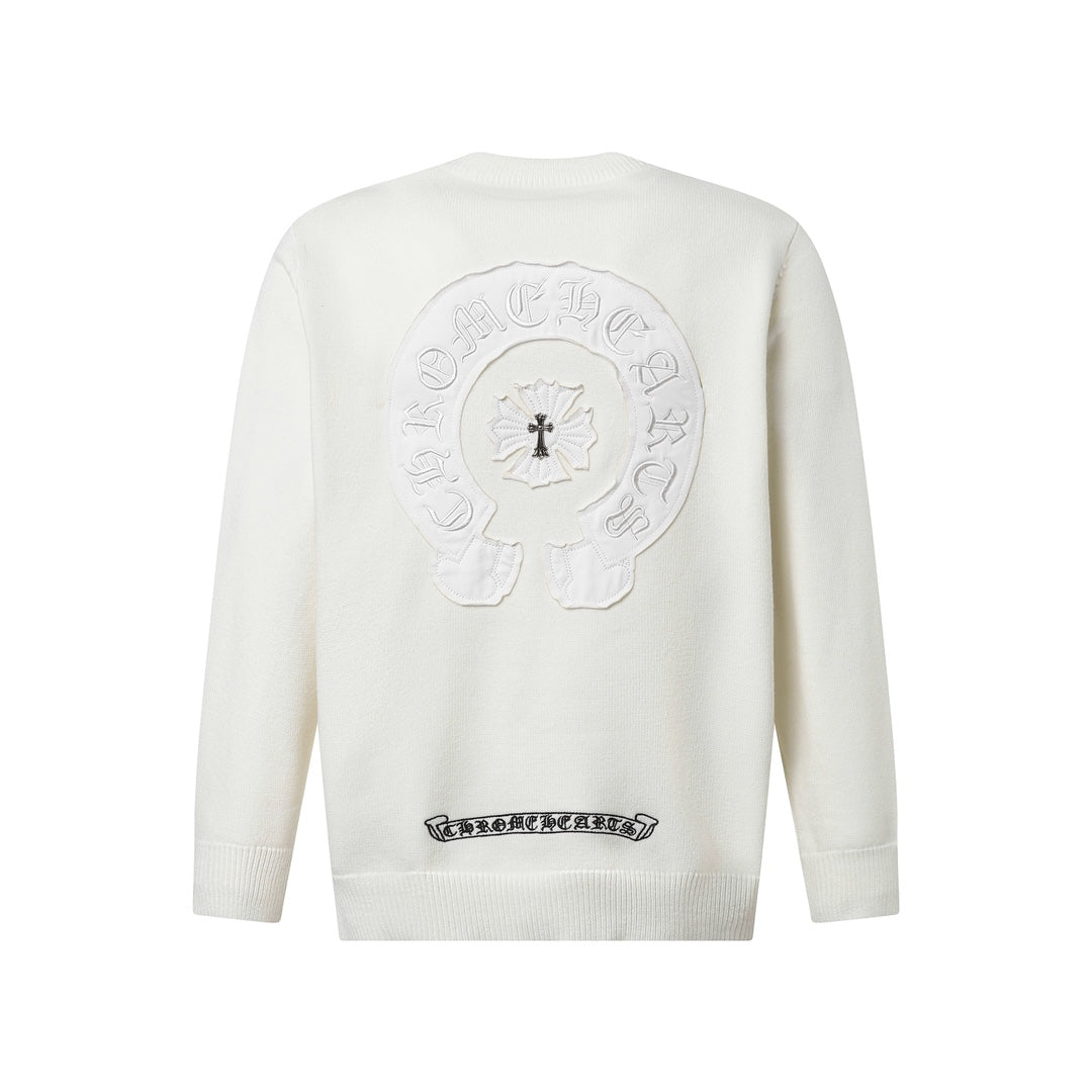 Chrome Hearts Inspired White Crew Neck Sweater With Embroidered Logo Detail