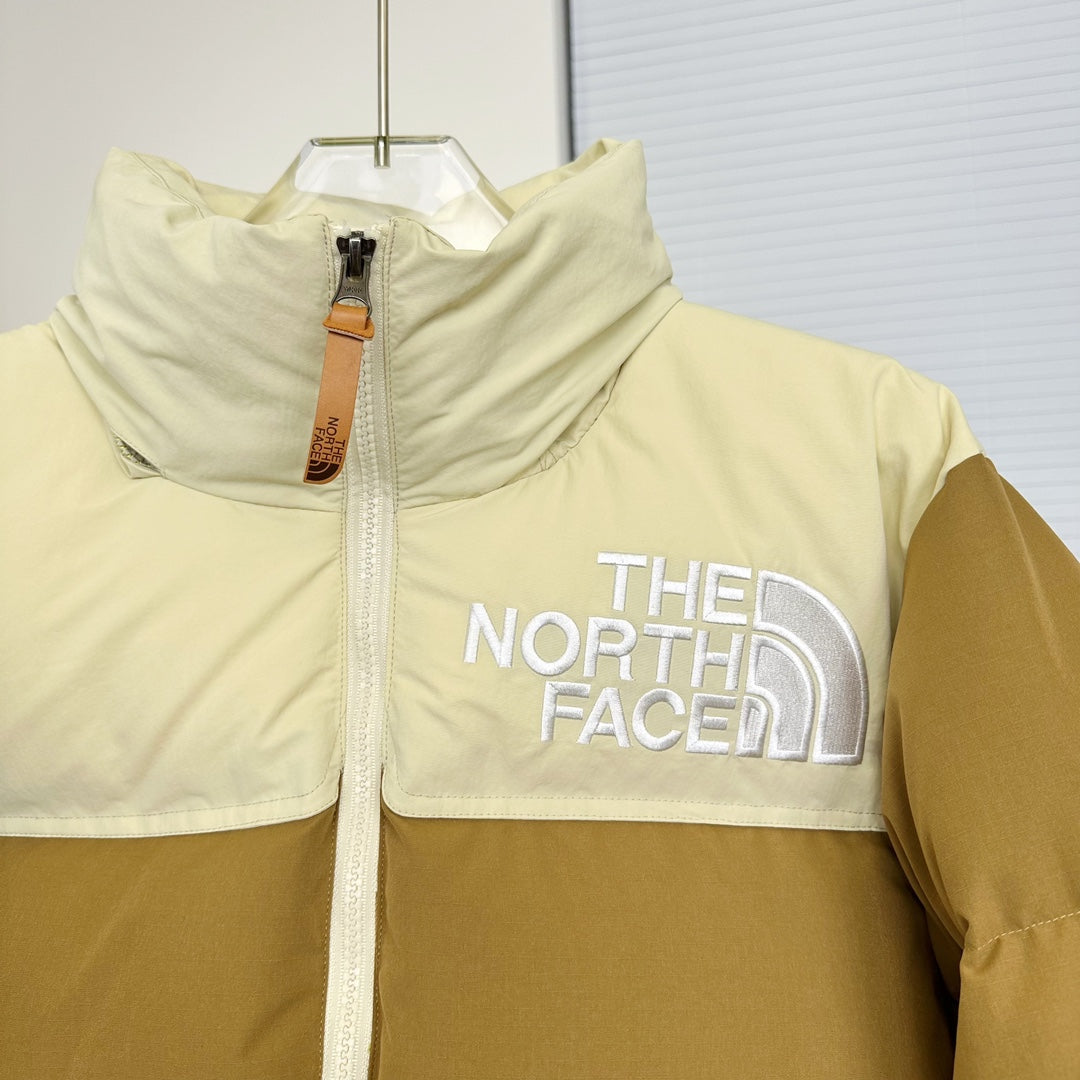The North Face Nuptse Puffer Jacket In Tan And Beige Color Block Design