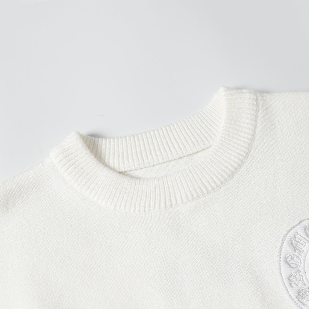 Chrome Hearts Inspired White Crew Neck Sweater With Embroidered Logo Detail