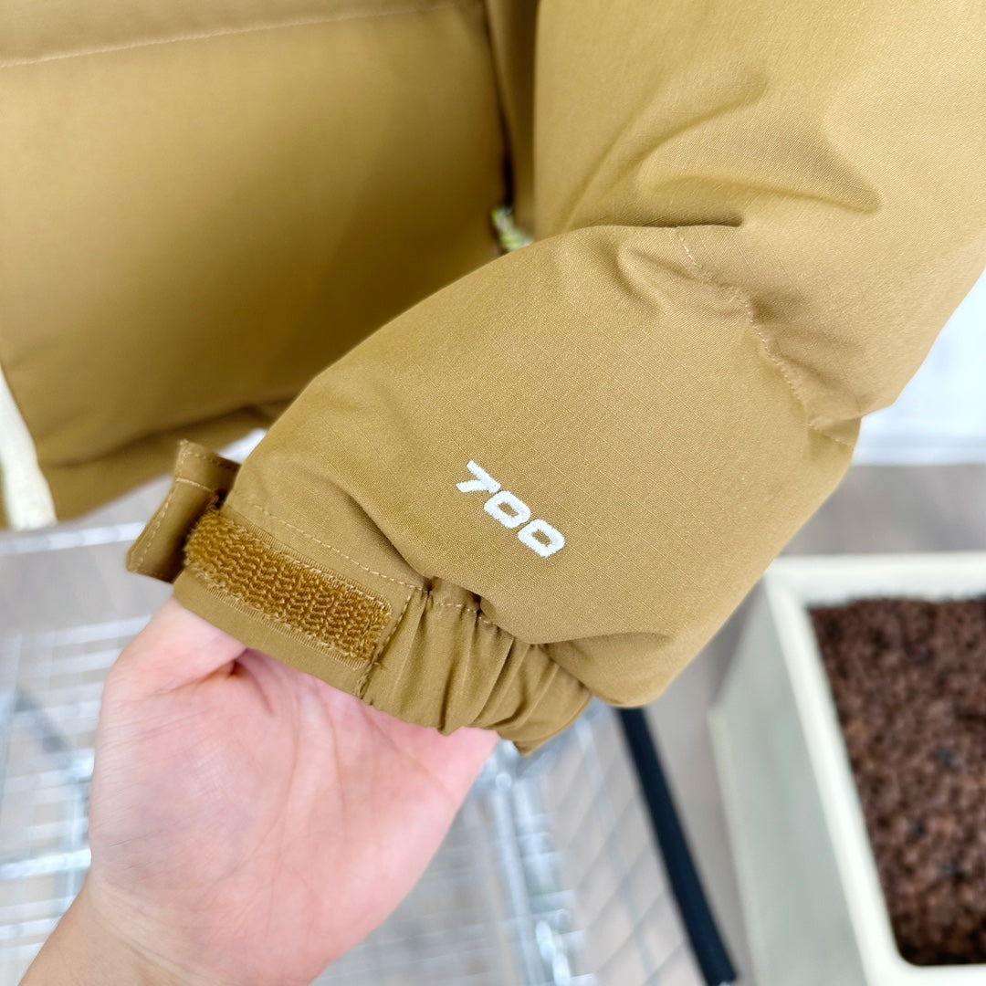 The North Face Nuptse Puffer Jacket In Tan And Beige Color Block Design