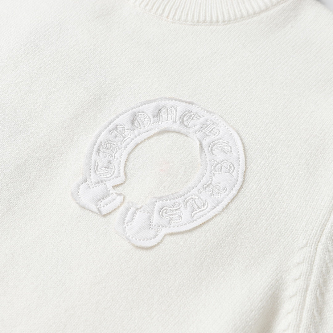 Chrome Hearts Inspired White Crew Neck Sweater With Embroidered Logo Detail