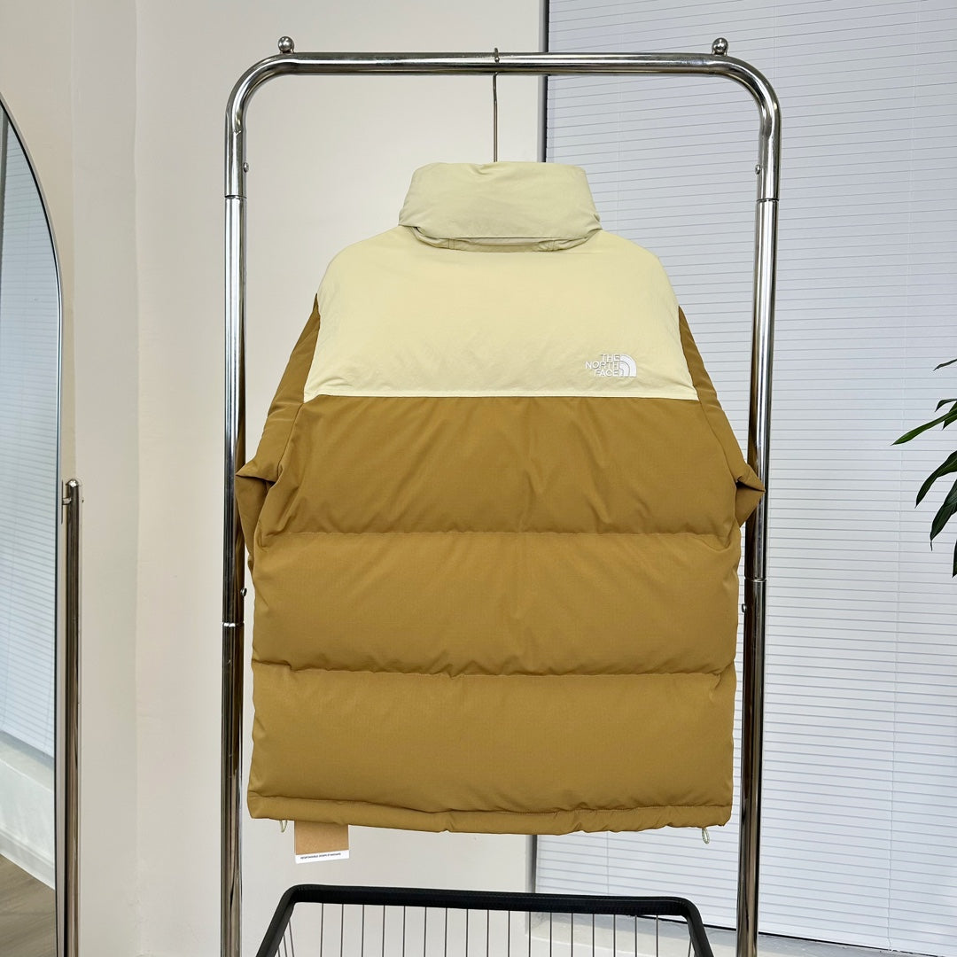 The North Face Nuptse Puffer Jacket In Tan And Beige Color Block Design