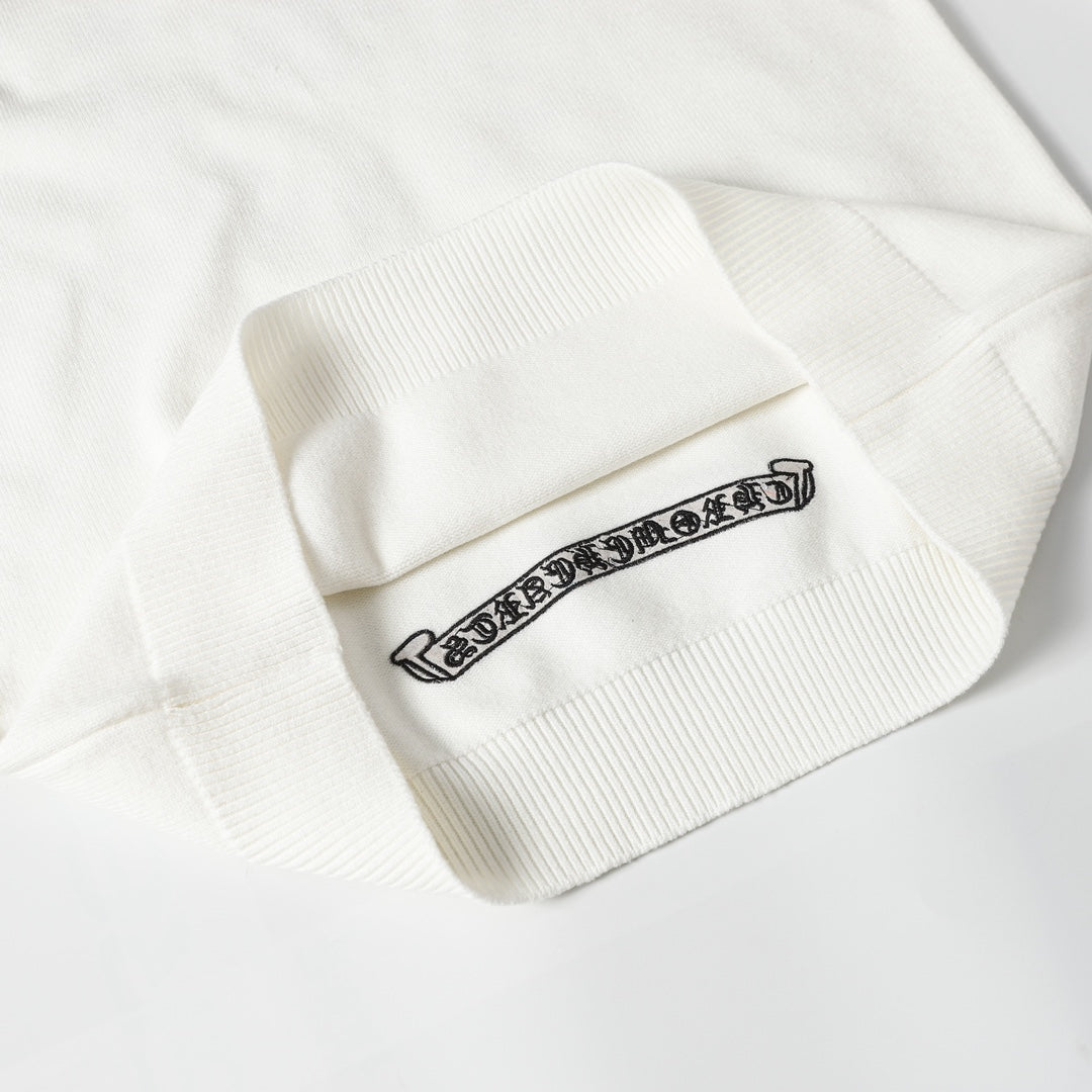Chrome Hearts Inspired White Crew Neck Sweater With Embroidered Logo Detail
