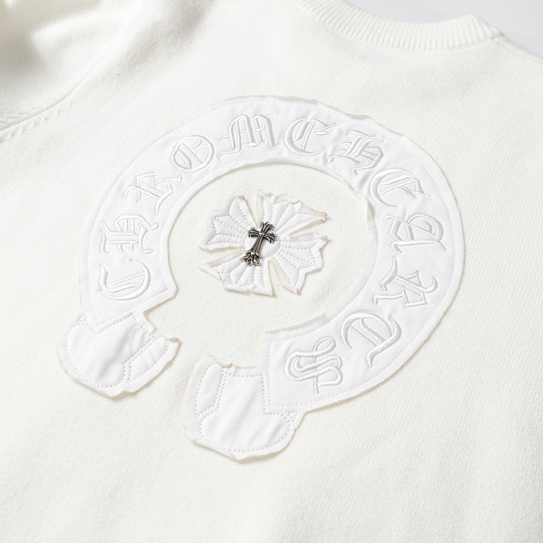 Chrome Hearts Inspired White Crew Neck Sweater With Embroidered Logo Detail