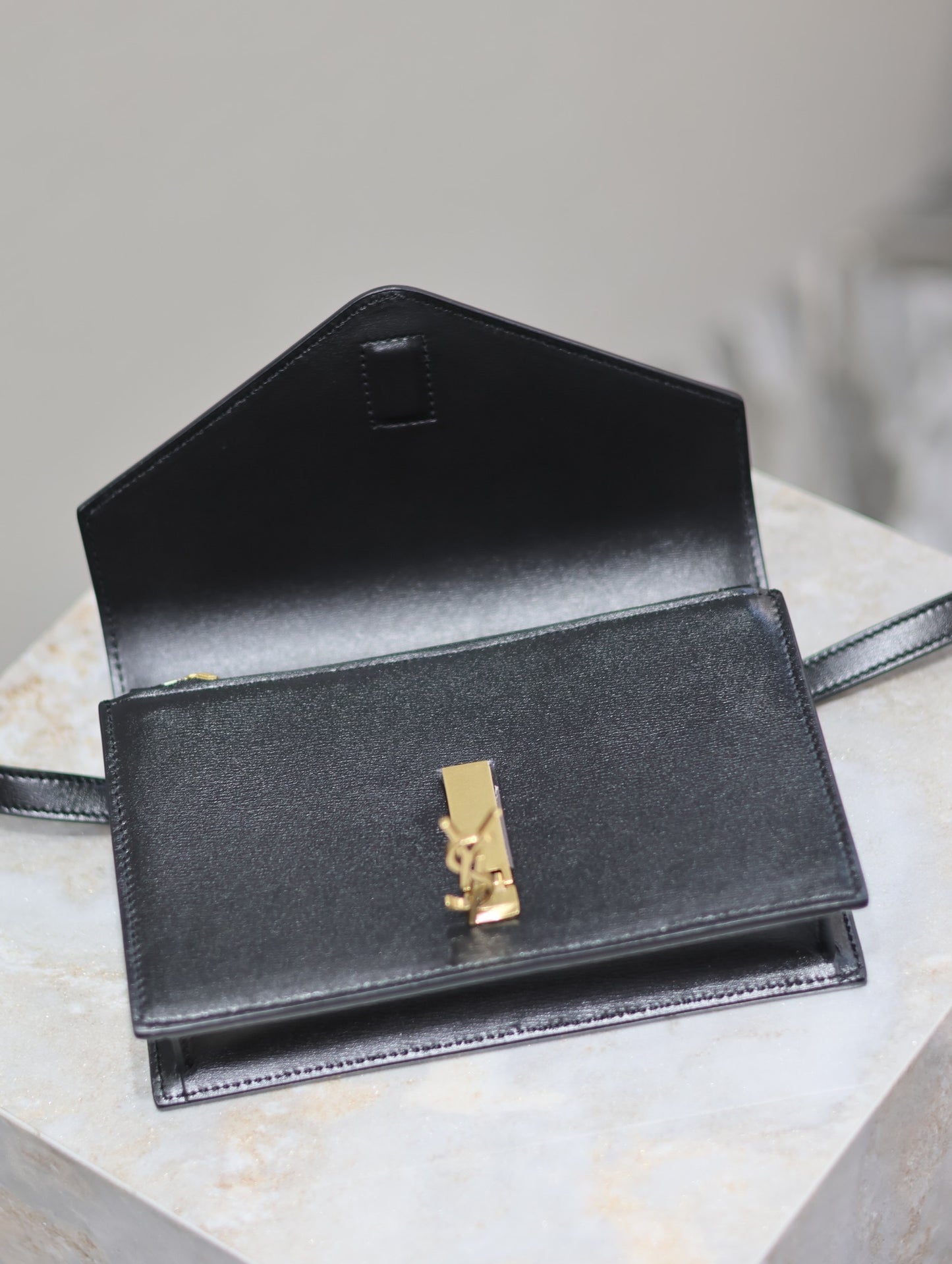 YSL VOLTAIRE Black Leather Envelope Crossbody Bag with Gold Logo 785281