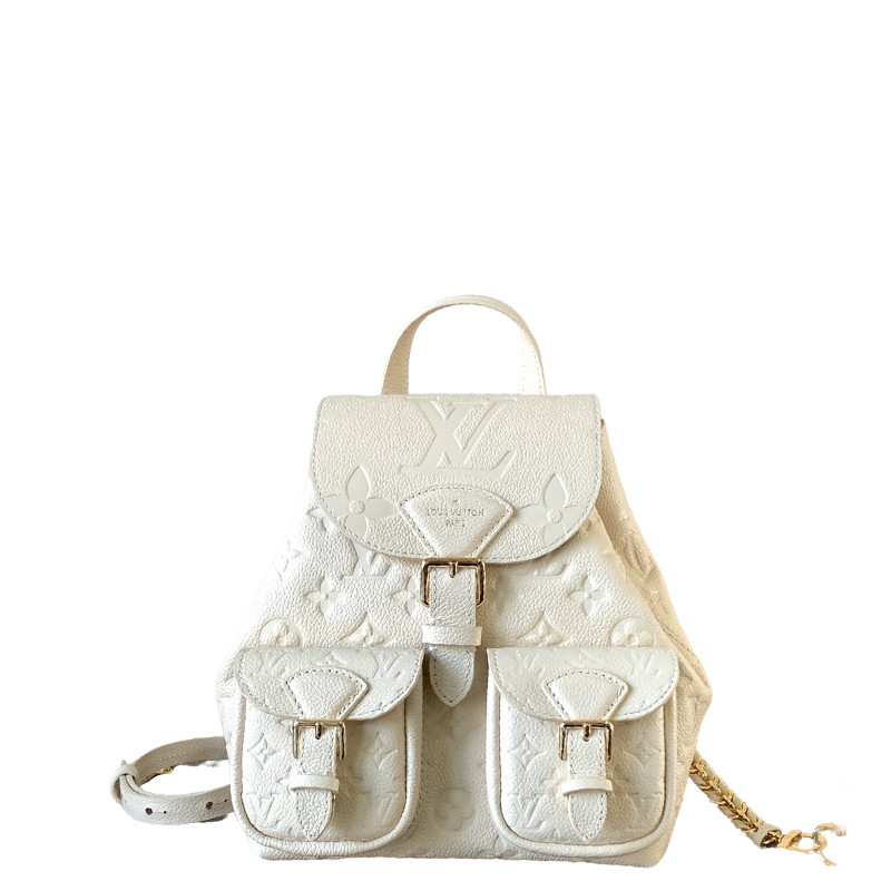 Elegant Louis Vuitton White/Black/Pink Embossed Leather Backpack With Functional Pockets And Gold Accents