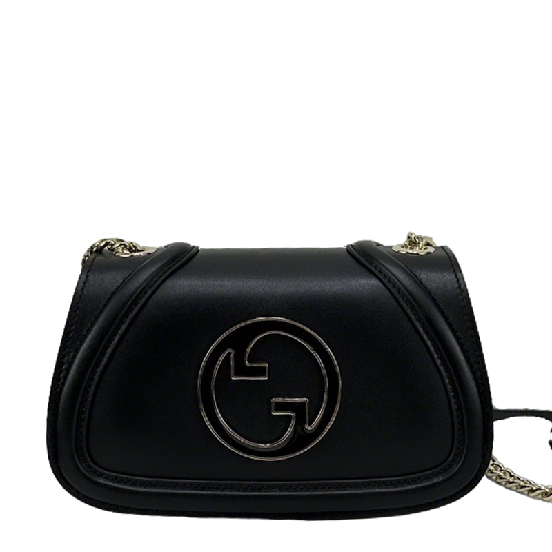 Gucci Black Leather Shoulder Bag With Silver Tone Interlocking G Logo And Chain Strap 815711