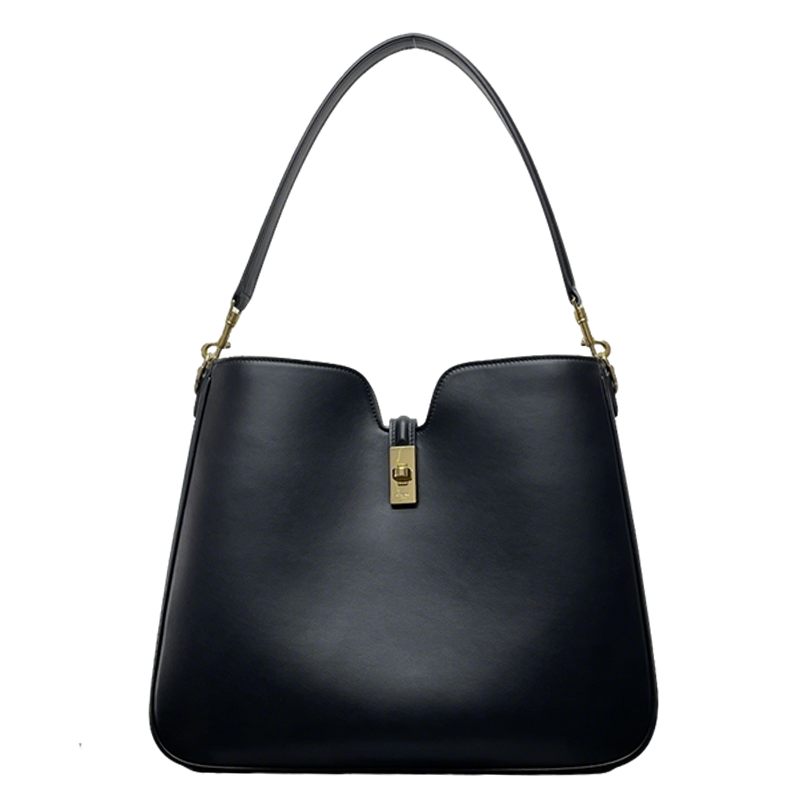 Celine 16 Soft Black Leather Hobo Bag With Gold - Tone Lock Accent 119563