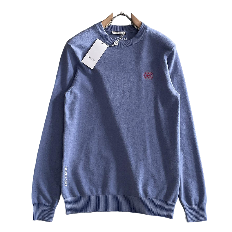 Gucci Men's Light Blue Crew Neck Knitted Sweater With Logo Details