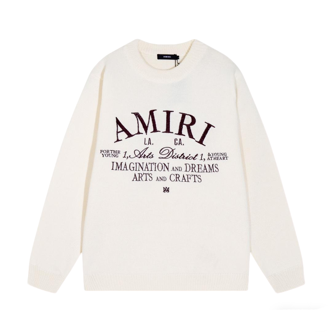 Amiri Men's Cream Crew Neck Knitted Sweater With Brand Slogan Print