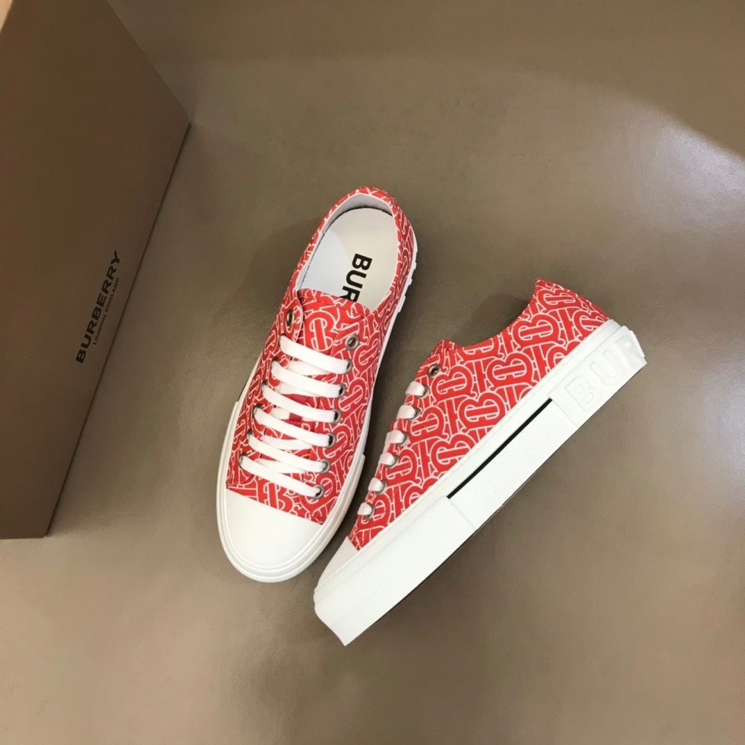 Burberry Unisex Red Monogram Canvas Sneakers Stylish Comfortable Footwear For Men And Women With Signature Logo Pattern