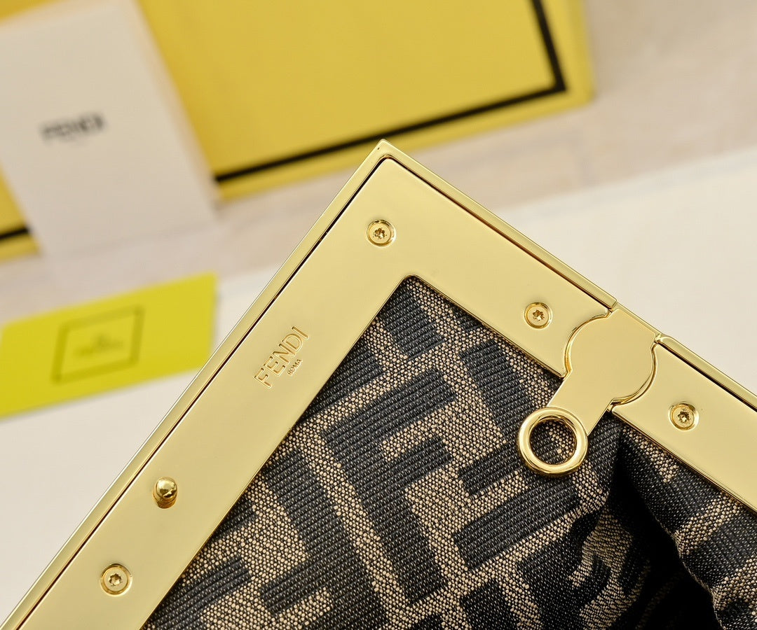 Elegant Fendi First Clutch Bag With Gold - Trimmed Frame And Cross - Body Strap 269