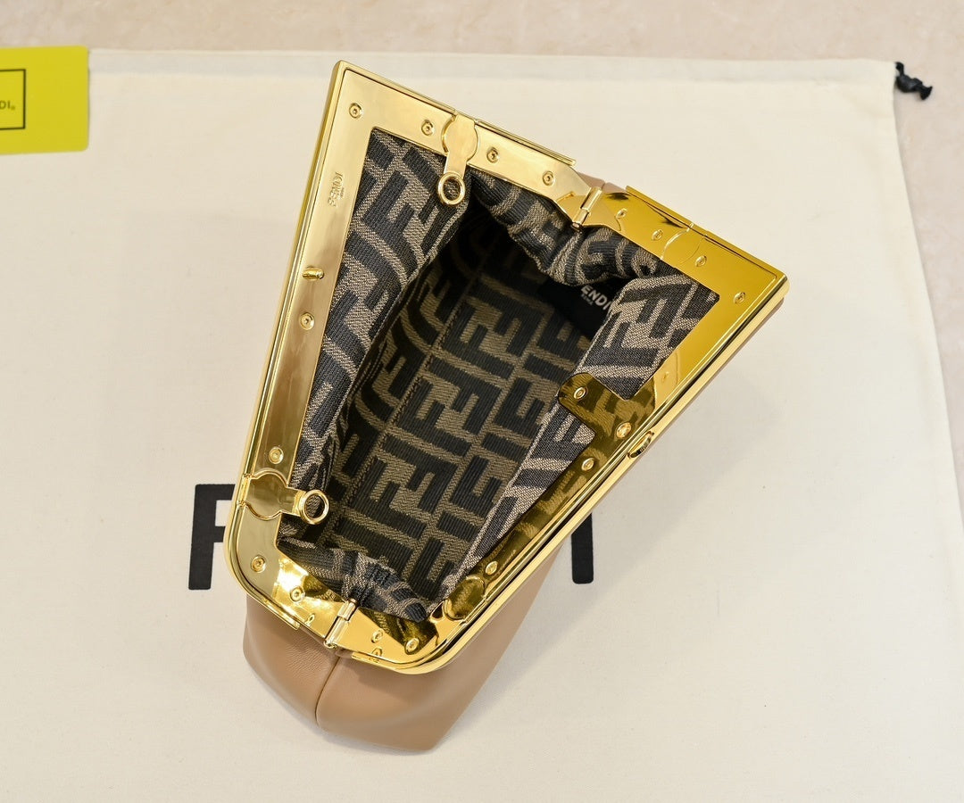 Elegant Fendi First Clutch Bag With Gold - Trimmed Frame And Cross - Body Strap 269
