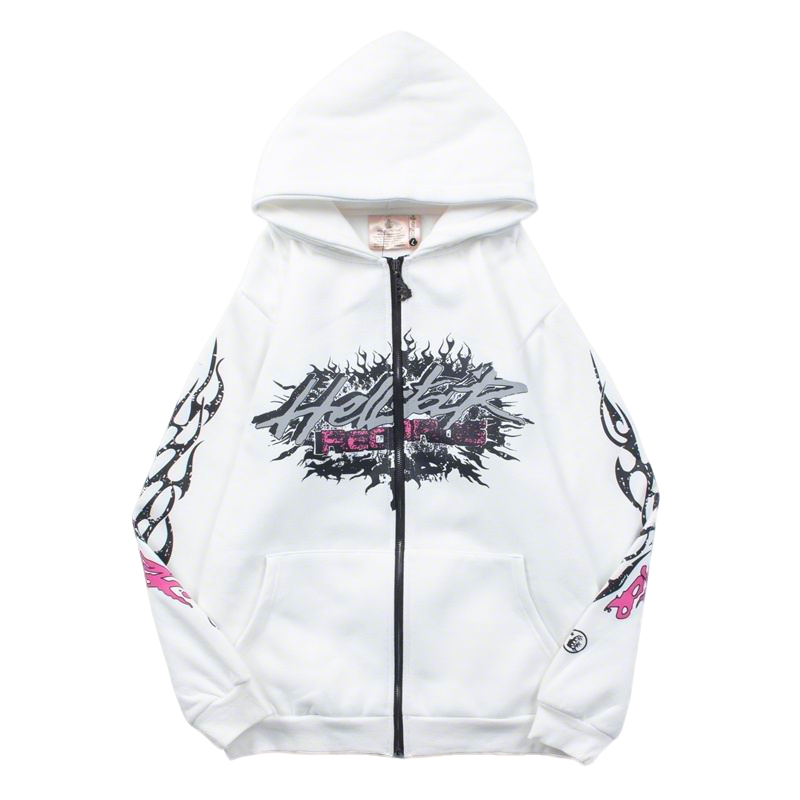 White Hooded Zip - Up Jacket With Hellstar Graphic And Flame Details