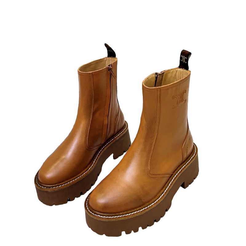 Celine Brown Leather Ankle Boots With Platform Sole And Branding