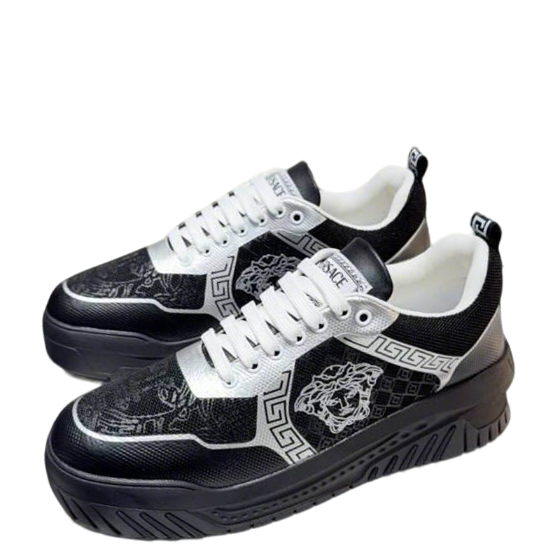 Versace Black And Silver Platform Sneakers With Medusa And Greek Key Designs