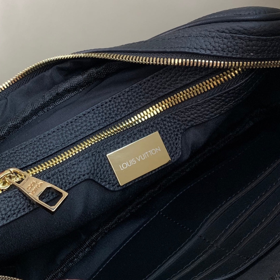 Elegant Black Louis Vuitton Crossbody Bag with Gold Logo and Adjustable Strap