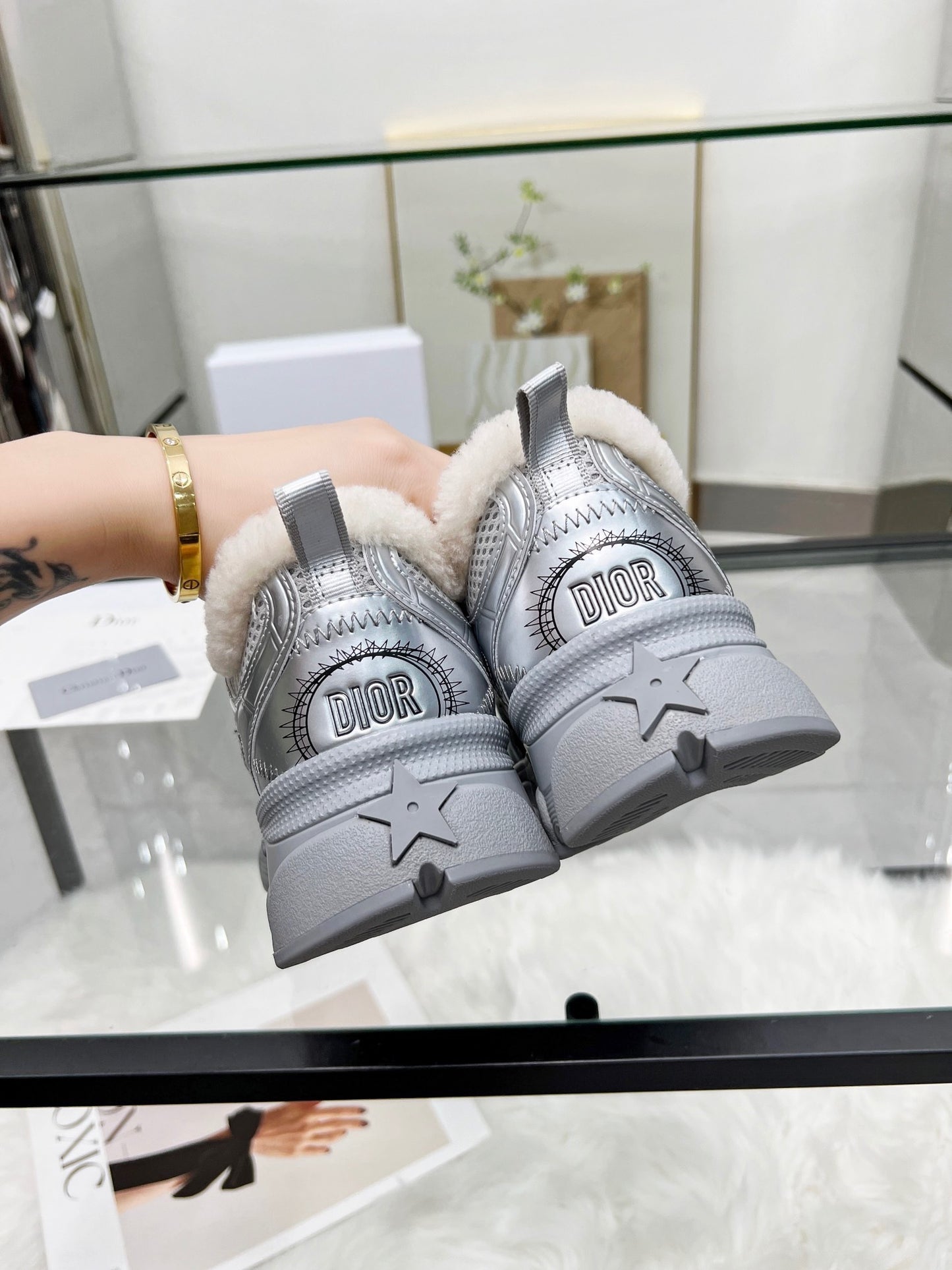 Women's Dior Silver Sneakers With Cozy Fleece Lining