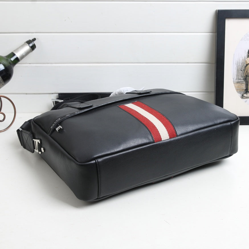 Black Bally Leather Briefcase With Signature Striped Accent And Branded Details For Professional Use Style No.63808