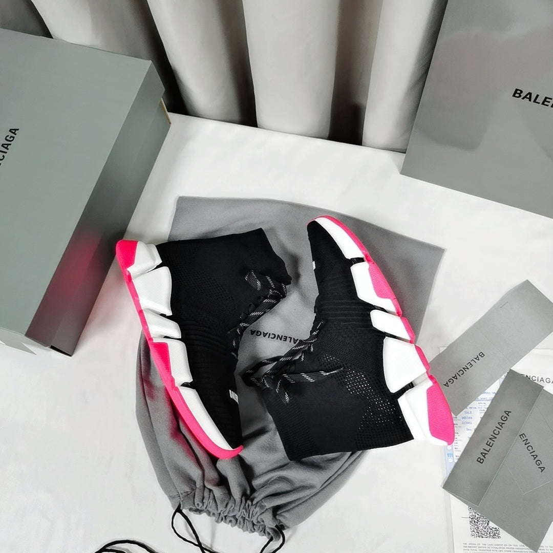 Balenciaga Unisex Black Pink Accent Lace-up Sock Sneakers Fashion Statement for Men and Women