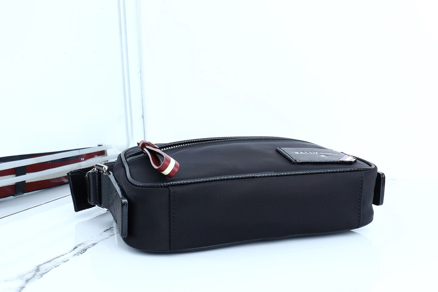 Black Bally Nylon Crossbody Bag With Striped Accent And Functional Zipper Pockets Style No.2114