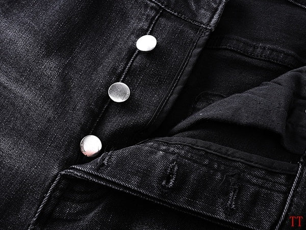 Amiri Black Distressed Jeans With Plaid Patches And Paint Splatters