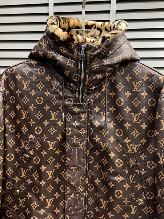 Louis Vuitton Monogram Print Hooded Parka with Faux Fur Lining