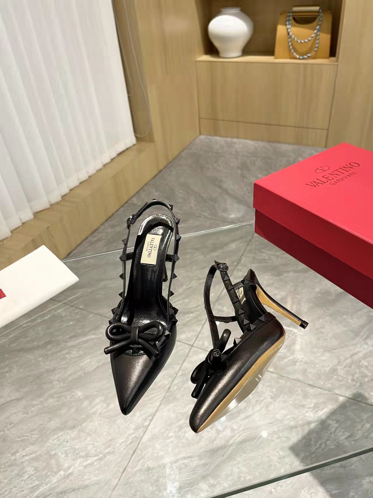 Valentino Women's Rockstud Bow Slingback Pumps Luxury Pointed Toe High Heels