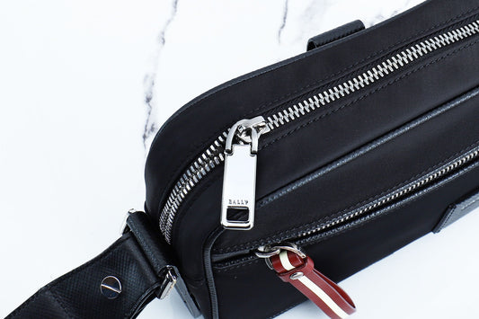 Black Bally Nylon Crossbody Bag With Striped Accent And Functional Zipper Pockets Style No.2114