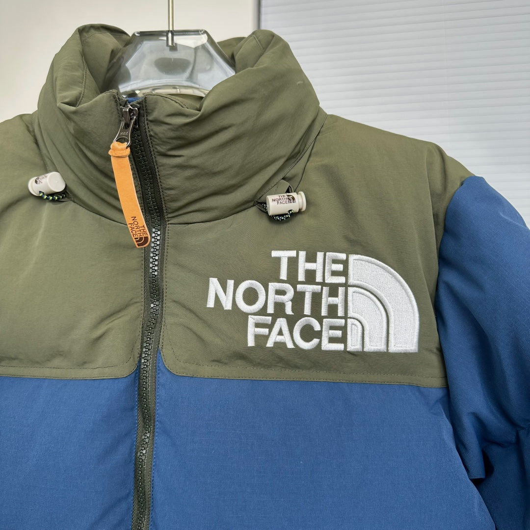 The North Face Nuptse Puffer Jacket In Blue And Olive Color Block Design