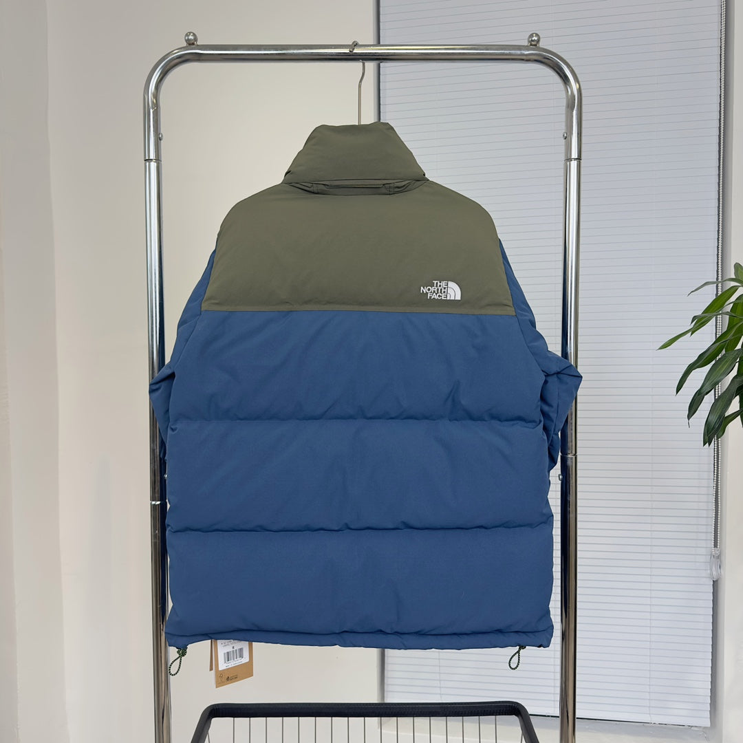 The North Face Nuptse Puffer Jacket In Blue And Olive Color Block Design