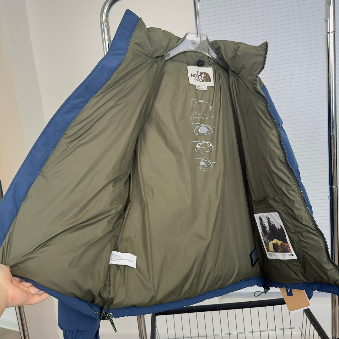 The North Face Nuptse Puffer Jacket In Blue And Olive Color Block Design