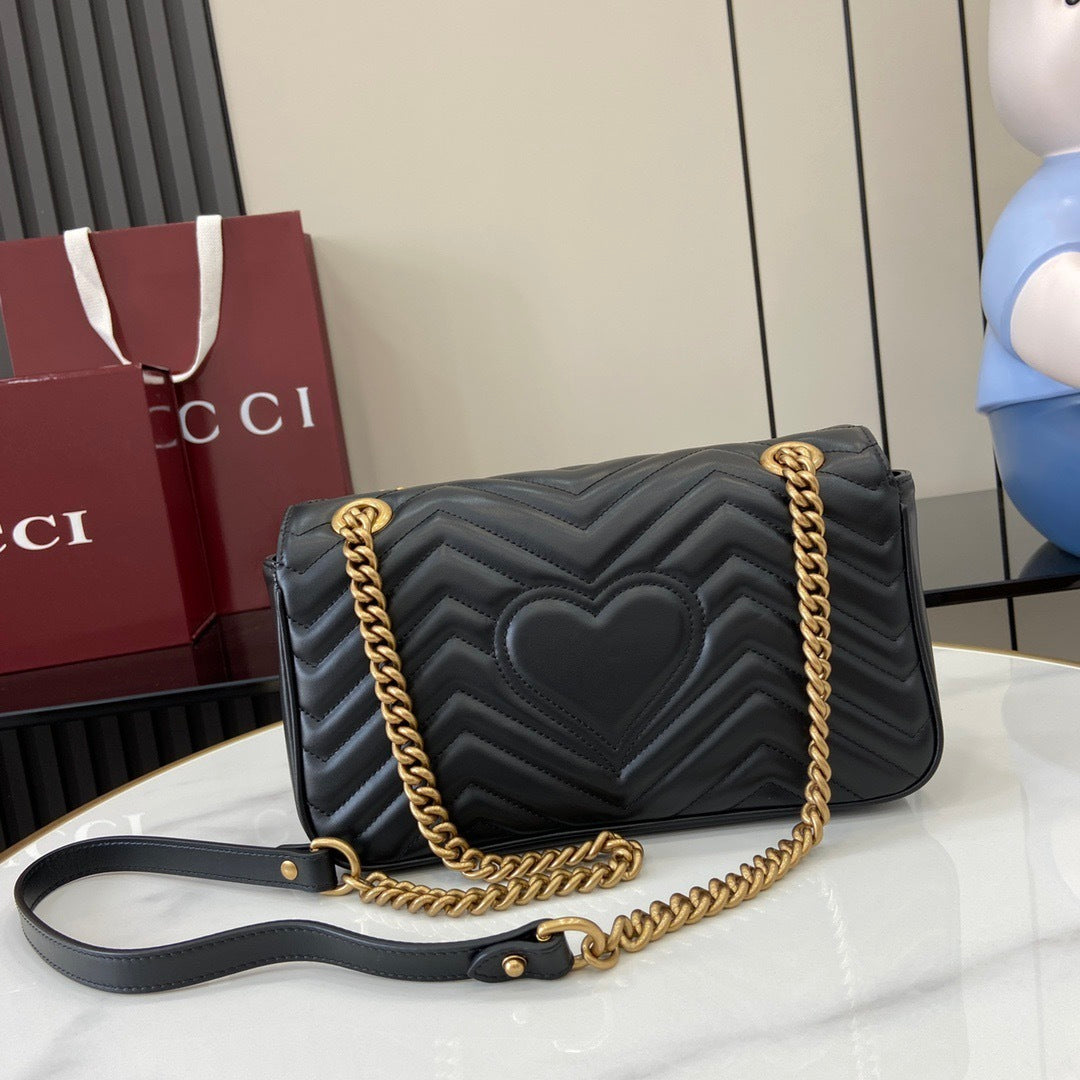 Gucci Black Matelassé Leather Shoulder Bag With Gold - Tone Double G Hardware And Chain Strap 443497