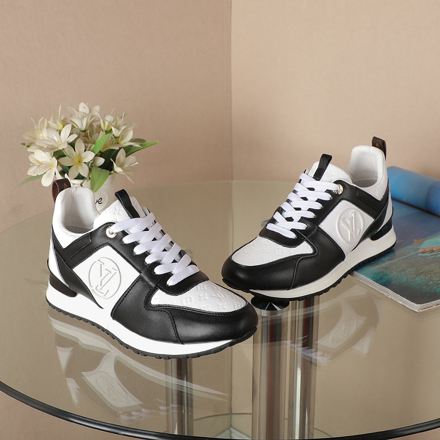 Louis Vuitton Women's Black and White Fashion Sneakers with Prominent Logo