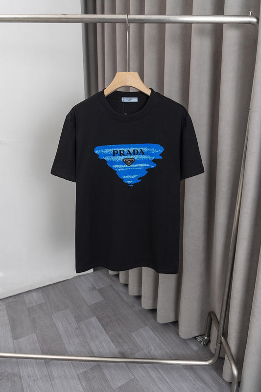 Prada White/Black Tee With Blue Graphic Logo For Modern Luxury Casual Looks
