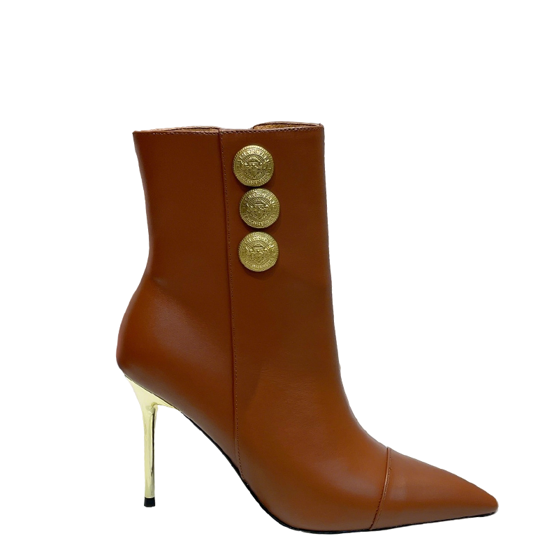 Balmain Brown Leather Ankle Boots With Gold Button Accents