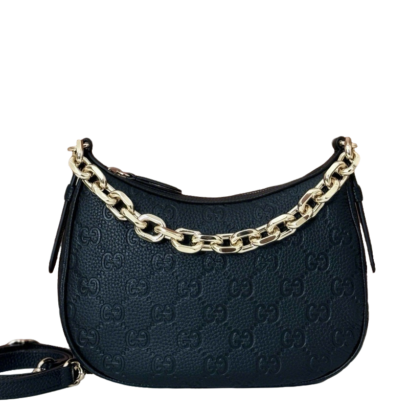 Gucci Black Embossed GG Leather Hobo Bag with Chunky Gold - Tone Chain Accent 815409