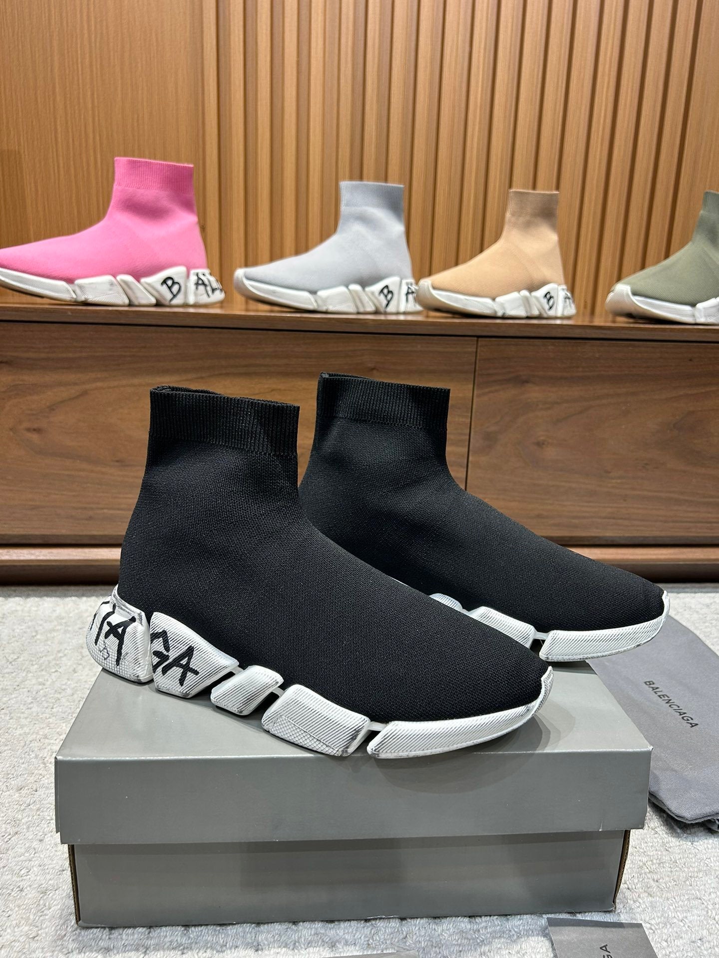 Balenciaga Unisex Black Sock Sneakers with Graffiti Sole for Fashion-forward Men and Women