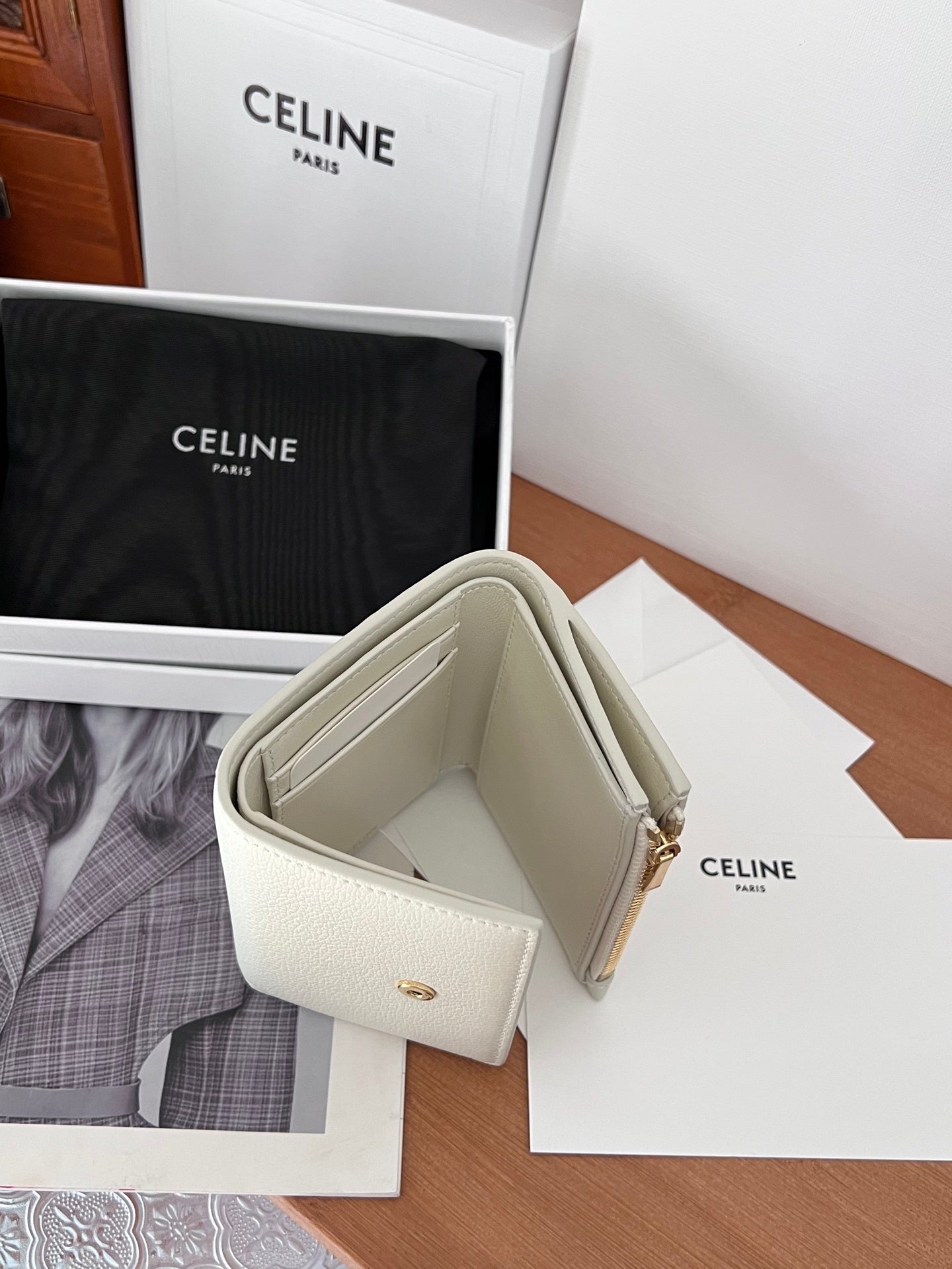 Celine VICTOIRE Triomphe Beige Leather Compact Wallet With Gold Hardware 100963