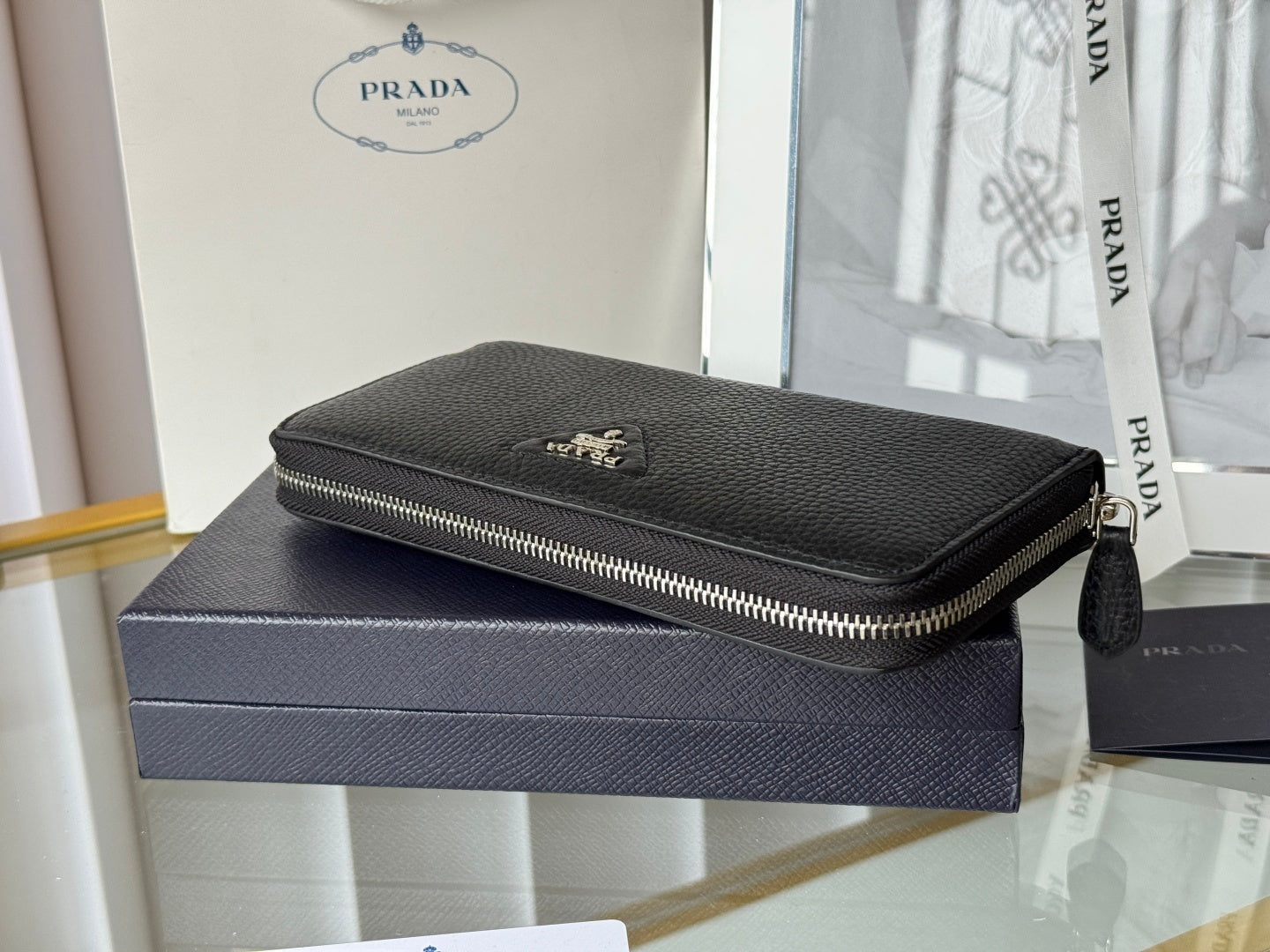 Prada Black Grained Leather Zip - Around Wallet With Gold Logo 1ML506