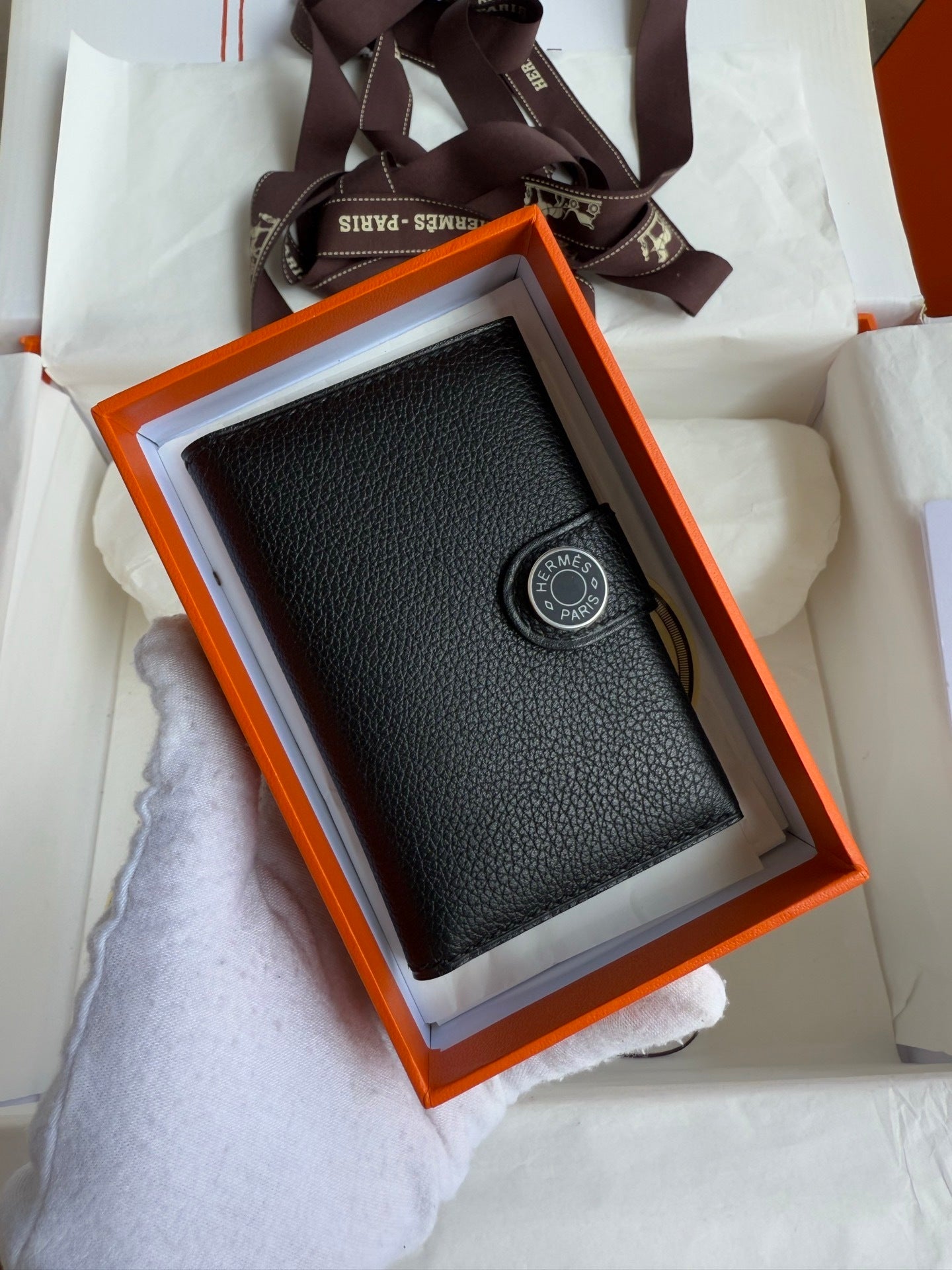 Hermes - Styled Brown Leather Wallet in Signature Orange Box with Button Closure 105-1
