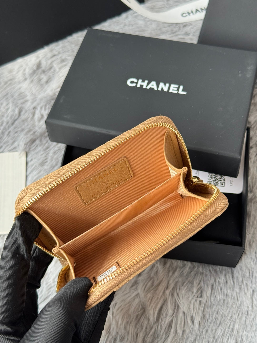 Chanel Beige Caviar Quilted Leather Small Zip Wallet With Gold Tone CC Logo