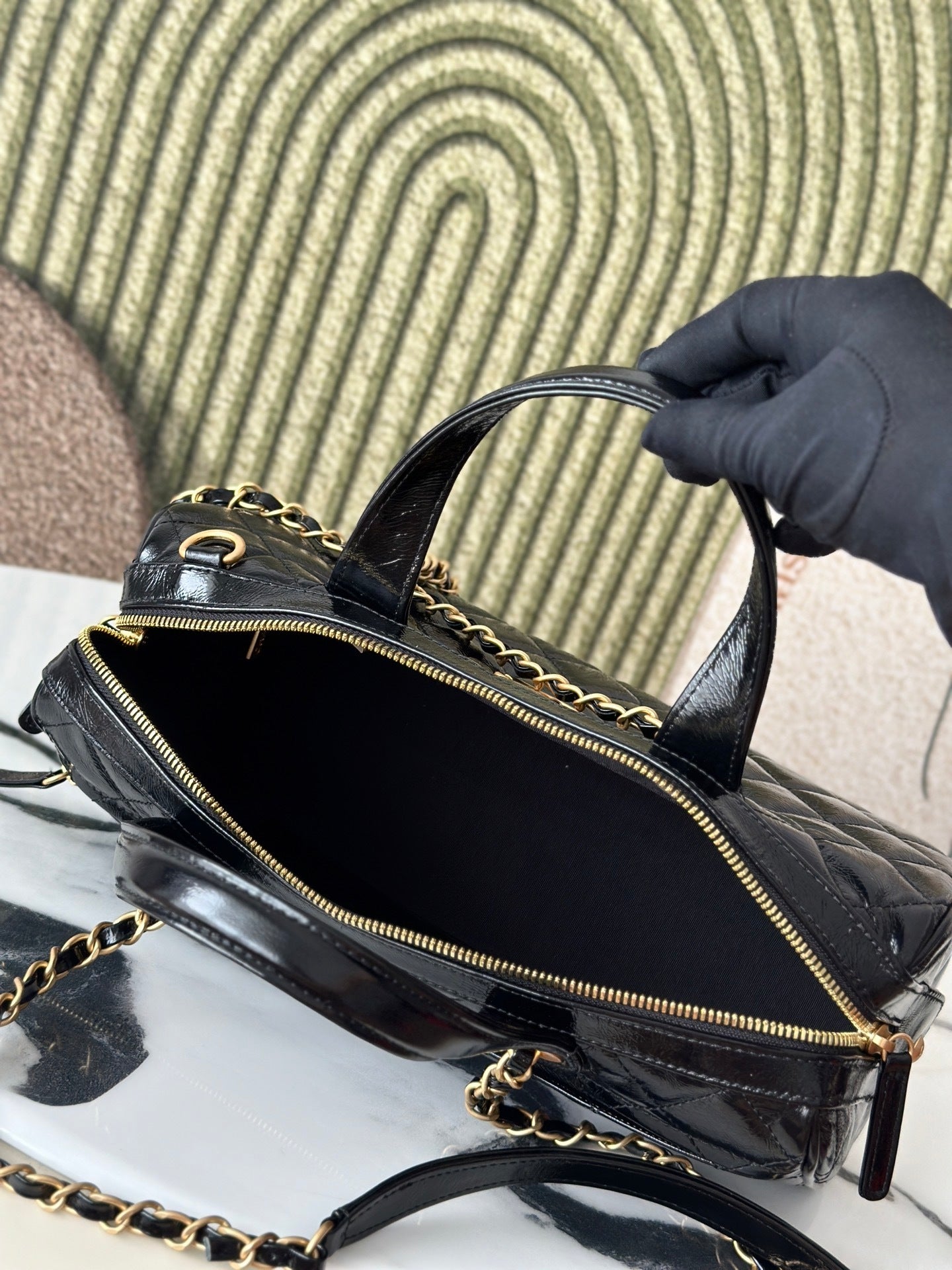 Chanel Maxi Black Patent Leather Quilted Bowling Bag With Gold Hardware And CC Logo 3355