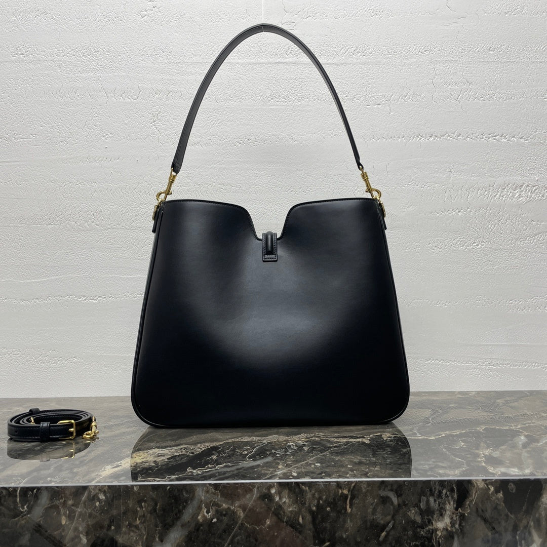Celine 16 Soft Black Leather Hobo Bag With Gold - Tone Lock Accent 119563