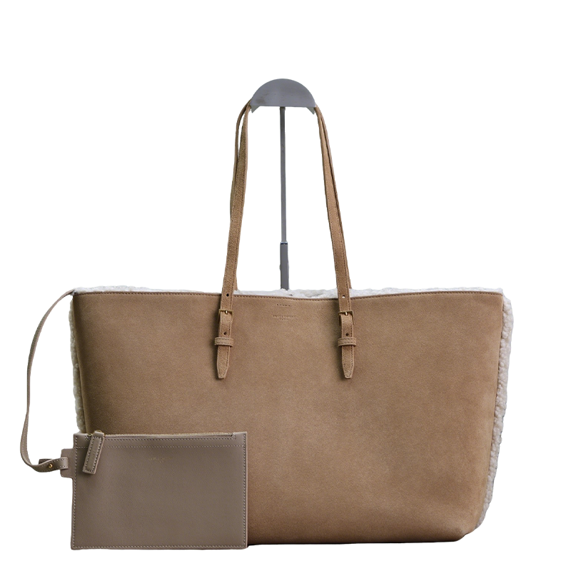 YSL Shopping tote bag Beige Suede Shearling - Lined Tote With Matching Pouch 394195