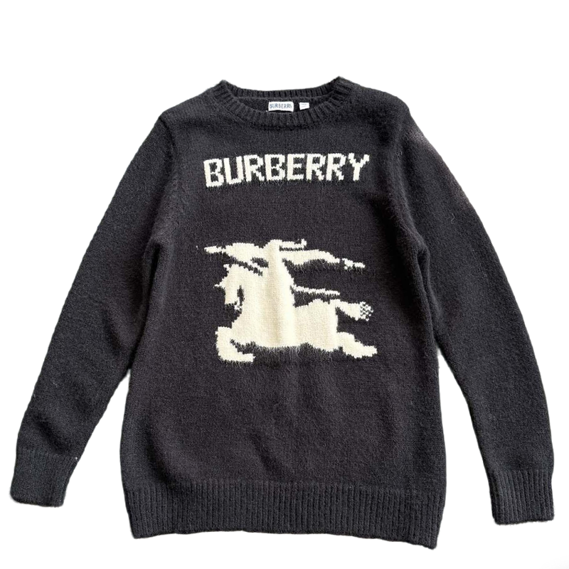 Burberry Men's Dark Grey Crew Neck Knitted Sweater With Equestrian Logo
