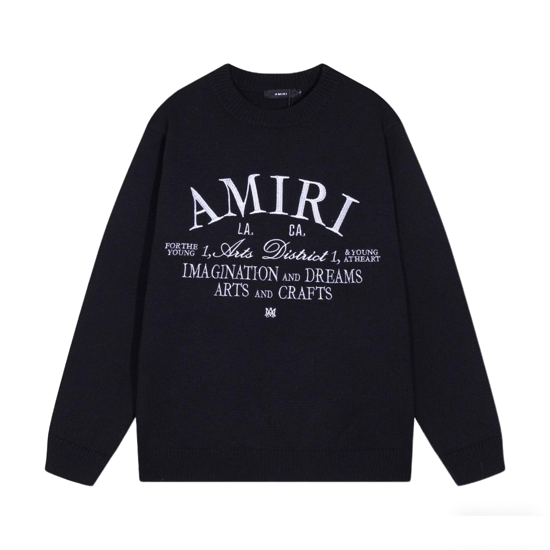 Amiri Men's Black Crew Neck Knitted Sweater With Artistic Brand Slogan