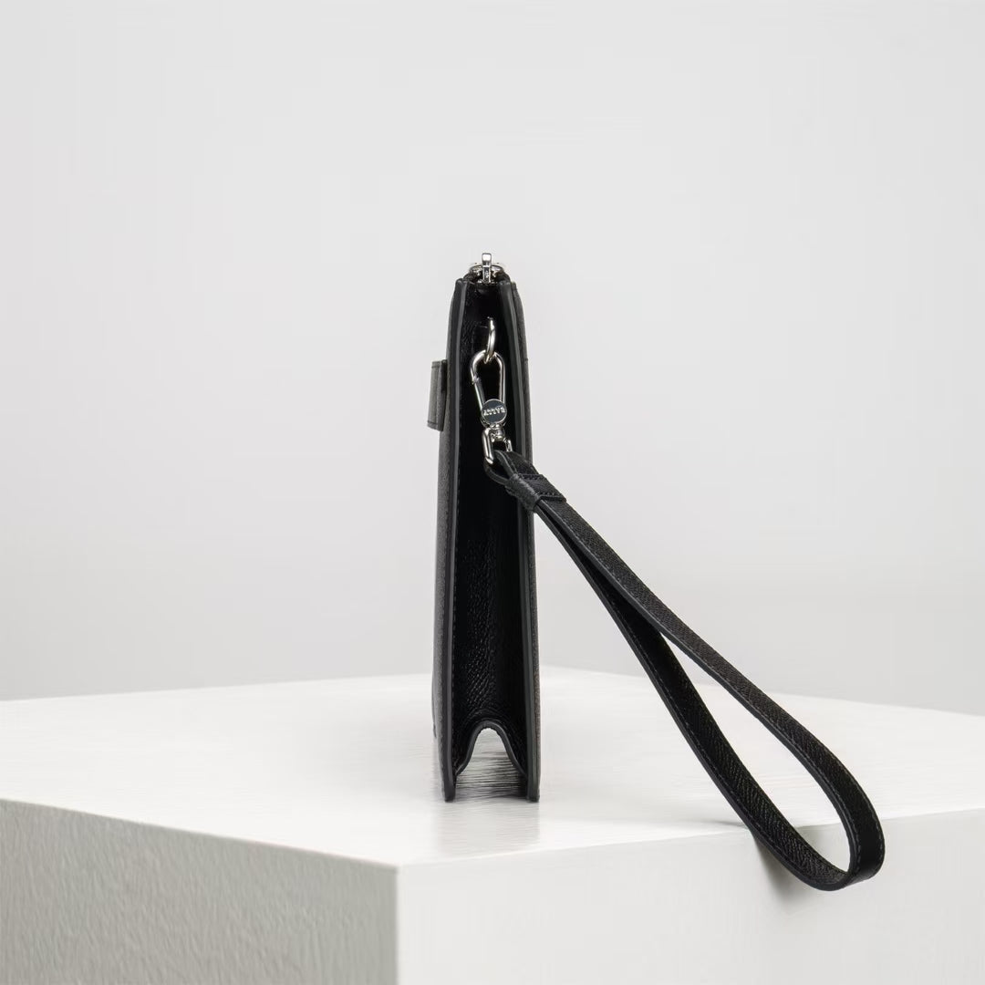 Black Bally Leather Clutch With Signature Striped Accent And Wrist Strap For Sophisticated Style No.1825